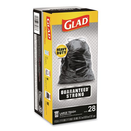 Image of Glad® 78966 Guaranteed Strong Large Drawstring Trash Bags, Three-Ply, 30 gal, 1.05 mil, 30 x 33, Black, 28 Bags/Box, 6 Boxes/Carton