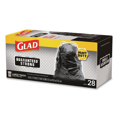 Image of Glad® 78966 Guaranteed Strong Large Drawstring Trash Bags, Three-Ply, 30 gal, 1.05 mil, 30 x 33, Black, 28 Bags/Box, 6 Boxes/Carton