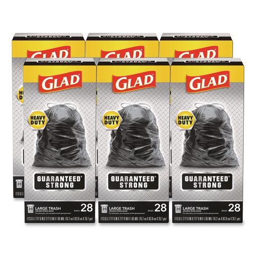 Image of Glad® 78966 Guaranteed Strong Large Drawstring Trash Bags, Three-Ply, 30 gal, 1.05 mil, 30 x 33, Black, 28 Bags/Box, 6 Boxes/Carton
