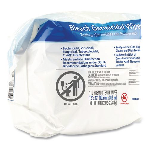 Image of Clorox Healthcare® 30359 Bleach Germicidal Wipes, 1-Ply, 12 x 12, Unscented, White, 110/Refill, 2 Refills/Carton