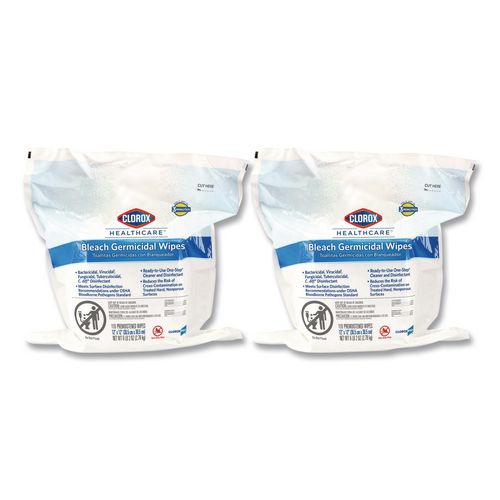 Image of Clorox Healthcare® 30359 Bleach Germicidal Wipes, 1-Ply, 12 x 12, Unscented, White, 110/Refill, 2 Refills/Carton