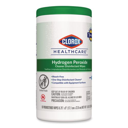 Image of Clorox Healthcare® 30824 Hydrogen Peroxide Cleaner Disinfectant Wipes, 9 x 6.75, Unscented, White, 95/Canister, 6 Canisters/Carton