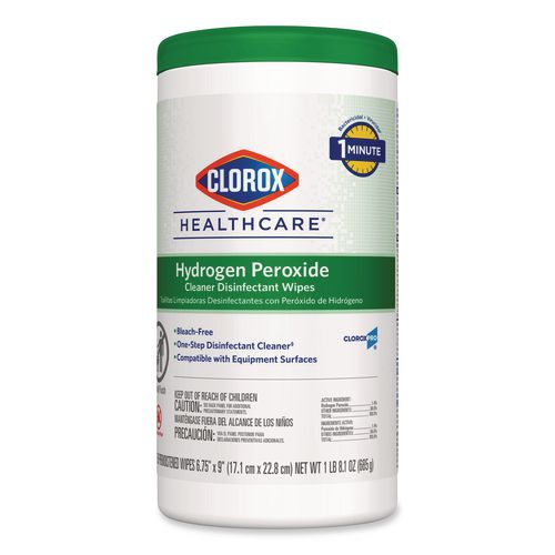 Image of Clorox Healthcare® 30824 Hydrogen Peroxide Cleaner Disinfectant Wipes, 9 x 6.75, Unscented, White, 95/Canister, 6 Canisters/Carton