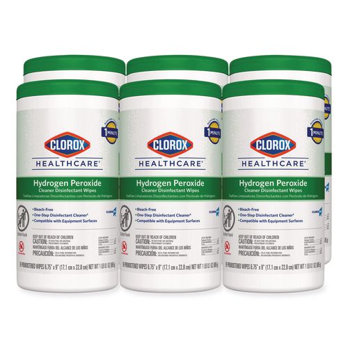 Image of Clorox Healthcare® 30824 Hydrogen Peroxide Cleaner Disinfectant Wipes, 9 x 6.75, Unscented, White, 95/Canister, 6 Canisters/Carton