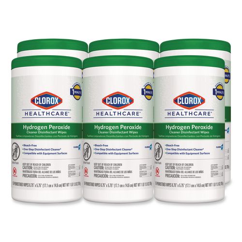 Image of Clorox Healthcare® 30825 Hydrogen Peroxide Cleaner Disinfectant Wipes, 5.75 x 6.75, Unscented, White, 155/Canister, 6 Canisters/Carton