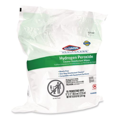 Image of Clorox Healthcare® 30827 Hydrogen Peroxide Cleaner Disinfectant Wipes, 12 x 11, Unscented, White, 185/Pack, 2 Packs/Carton