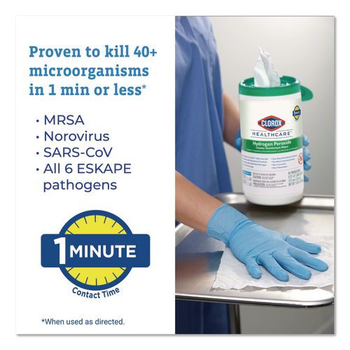 Image of Clorox Healthcare® 30827 Hydrogen Peroxide Cleaner Disinfectant Wipes, 12 x 11, Unscented, White, 185/Pack, 2 Packs/Carton