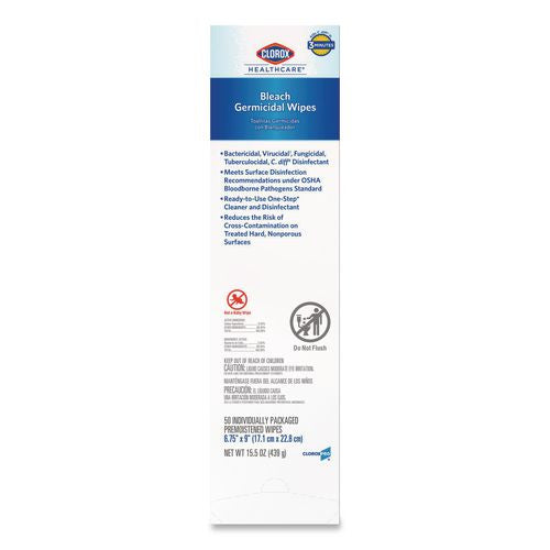 Image of Clorox Healthcare® 31424 Bleach Germicidal Wipes, Individual Wipes, 1-Ply, 6.75 x 9, Unscented, White, 50/Box, 6 Boxes/Carton