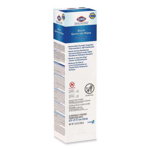 Image of Clorox Healthcare® 31424 Bleach Germicidal Wipes, Individual Wipes, 1-Ply, 6.75 x 9, Unscented, White, 50/Box, 6 Boxes/Carton