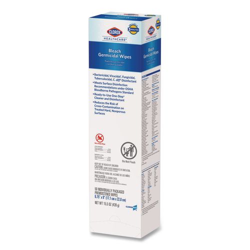 Image of Clorox Healthcare® 31424 Bleach Germicidal Wipes, Individual Wipes, 1-Ply, 6.75 x 9, Unscented, White, 50/Box, 6 Boxes/Carton