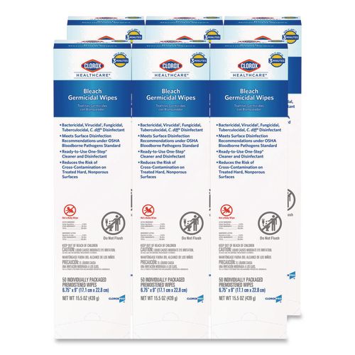 Image of Clorox Healthcare® 31424 Bleach Germicidal Wipes, Individual Wipes, 1-Ply, 6.75 x 9, Unscented, White, 50/Box, 6 Boxes/Carton