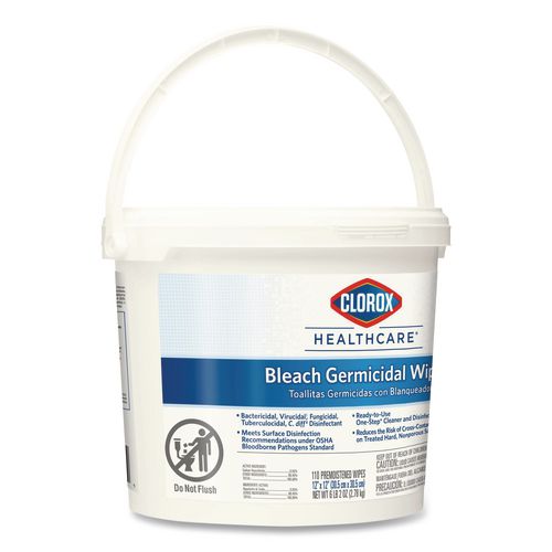 Image of Clorox Healthcare® 30358 Bleach Germicidal Wipes, 1-Ply, 12 x 12, Unscented, White, 110/Bucket