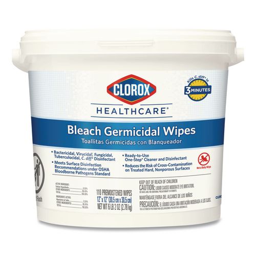 Image of Clorox Healthcare® 30358 Bleach Germicidal Wipes, 1-Ply, 12 x 12, Unscented, White, 110/Bucket
