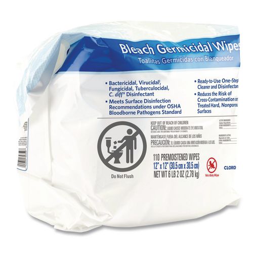 Image of Clorox Healthcare® 30359 Bleach Germicidal Wipes, Refill for Bucket, 1-Ply, 12 x 12, Unscented, White, 110/Pouch
