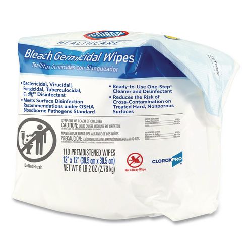 Image of Clorox Healthcare® 30359 Bleach Germicidal Wipes, Refill for Bucket, 1-Ply, 12 x 12, Unscented, White, 110/Pouch