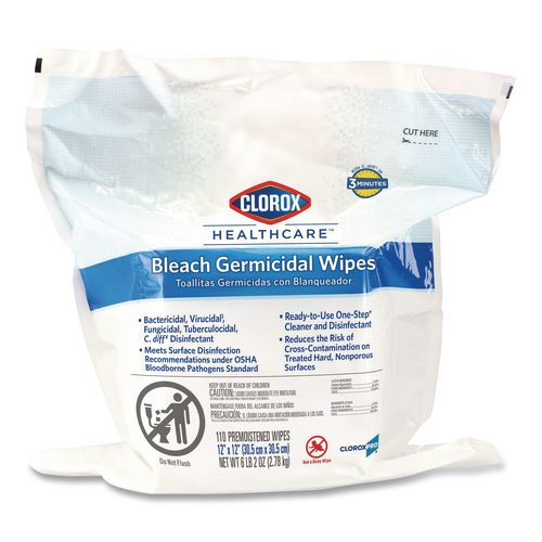 Image of Clorox Healthcare® 30359 Bleach Germicidal Wipes, Refill for Bucket, 1-Ply, 12 x 12, Unscented, White, 110/Pouch