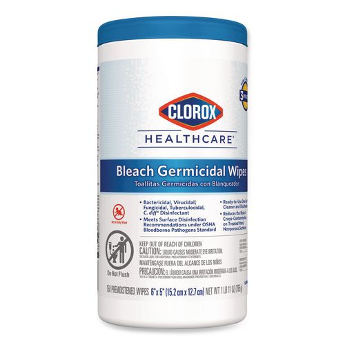 Image of Clorox Healthcare® 30577 Bleach Germicidal Wipes, 1-Ply, 6 x 5, Unscented, White, 150/Canister