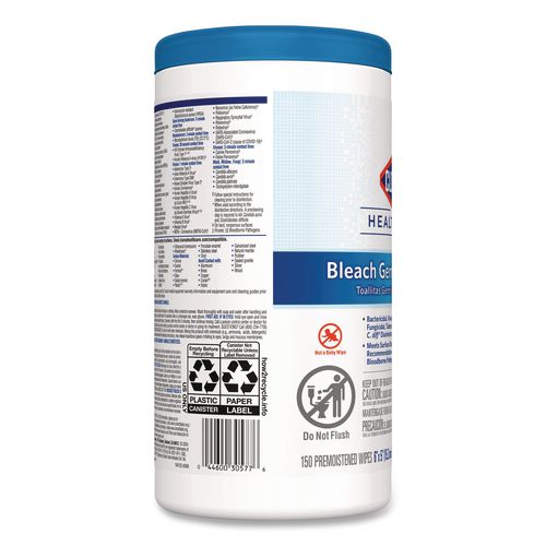 Image of Clorox Healthcare® 30577 Bleach Germicidal Wipes, 1-Ply, 6 x 5, Unscented, White, 150/Canister