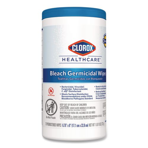 Image of Clorox Healthcare® 35309 Bleach Germicidal Wipes, 1-Ply, 6.75 x 9, Unscented, White, 70/Canister