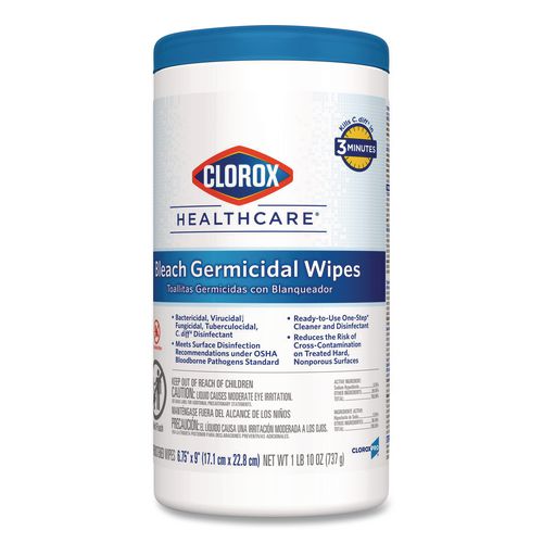 Image of Clorox Healthcare® 35309 Bleach Germicidal Wipes, 1-Ply, 6.75 x 9, Unscented, White, 70/Canister