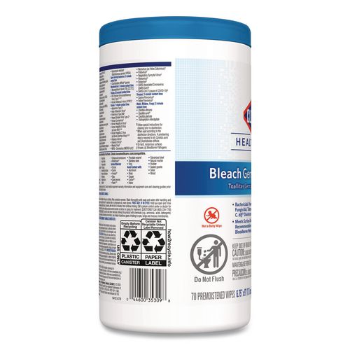 Image of Clorox Healthcare® 35309 Bleach Germicidal Wipes, 1-Ply, 6.75 x 9, Unscented, White, 70/Canister