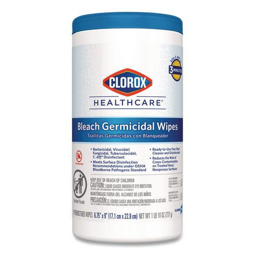 Image of Clorox Healthcare® 35309 Bleach Germicidal Wipes, 1-Ply, 6.75 x 9, Unscented, White, 70/Canister