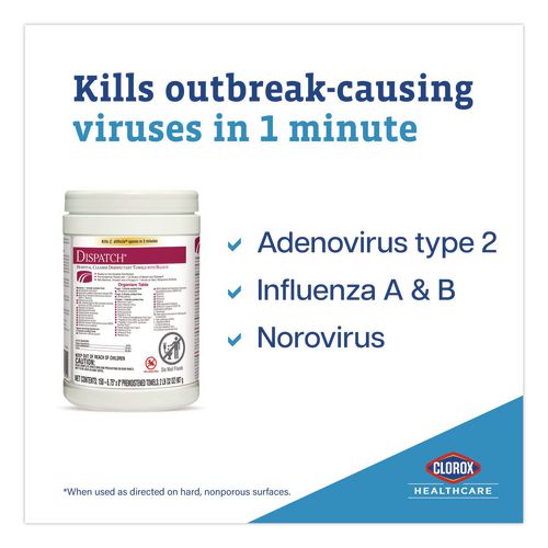 Image of Clorox Healthcare® 69150 Dispatch Hospital Cleaner Disinfectant Towels with Bleach, 1-Ply, 6.75 x 8, Unscented, White, 150/Canister
