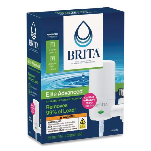 Image of Brita® 42201CT Water Faucet Mount Filtration System with 1 Elite Advanced Replacement Filter, White, 4/Carton