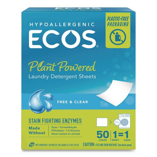 Image of ECOS® 9537/EA Liquidless Laundry Detergent Sheets, Free and Clear, 50 Sheets/Box
