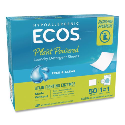 Image of ECOS® 9537/EA Liquidless Laundry Detergent Sheets, Free and Clear, 50 Sheets/Box