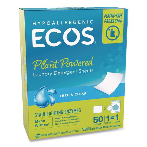 Image of ECOS® 9537/EA Liquidless Laundry Detergent Sheets, Free and Clear, 50 Sheets/Box