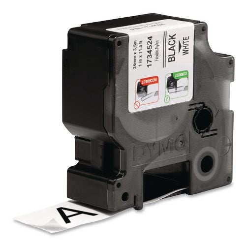 Image of DYMO® 1734524 Rhino Flexible Nylon Industrial Label Tape, 1" X 11.5 Ft, White/black Print