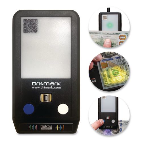 Image of Dri-Mark® 351FT FlashTest Counterfeit Detector for USD, 3 Detection Methods, 2.5" x 4.5" x 0.8", Black