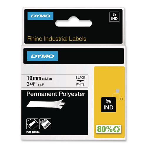 Image of DYMO® 18484 Rhino Permanent Poly Industrial Label Tape, 0.75" X 18 Ft, White/black Print