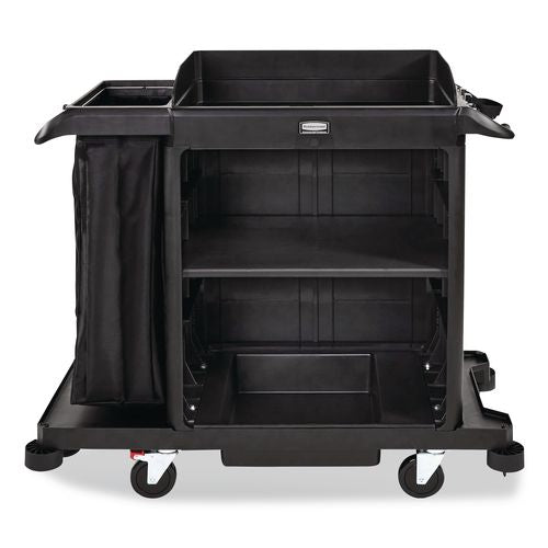 Image of Rubbermaid® Commercial 2202585 Compact Housekeeping Cart?, Plastic, 3 Shelves 1 Bin, 23 x 53.12 x 19.1, Black