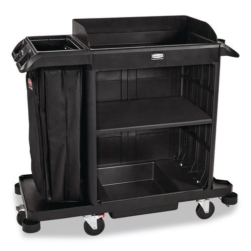 Image of Rubbermaid® Commercial 2202585 Compact Housekeeping Cart?, Plastic, 3 Shelves 1 Bin, 23 x 53.12 x 19.1, Black