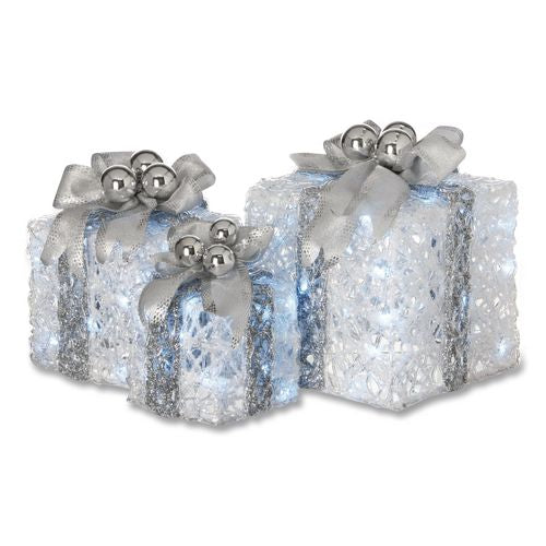 Image of National Tree Company® DF07004L Pre-Lit Decorated White Gift Box Assortment, AC Powered, Cool White LED Lights, 8", 10", 12", White