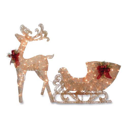 Image of National Tree Company® DF140009U Champagne Reindeer Pulling Sleigh, AC Power, Warm White LED Lights, 13.5" x 24" x 48" Reindeer, 13.5" x 38.5" x 24" Sleigh