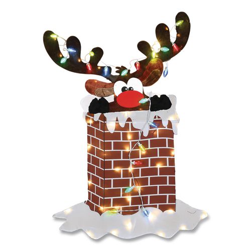 Image of National Tree Company® DF21070015L Pre-Lit Reindeer Stuck in Chimney Decoration, AC Powered, Blue/Green/Red/Yellow LED Lights, 12" x 33" x 47", Red