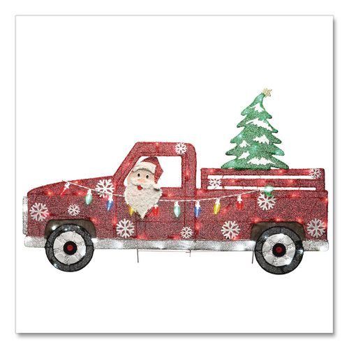 Image of National Tree Company® DF21070018L Pre-Lit Santa in Red Truck, AC Powered, Blue/Green/Red/Yellow LED Lights, 11" x 46" x 27", Red