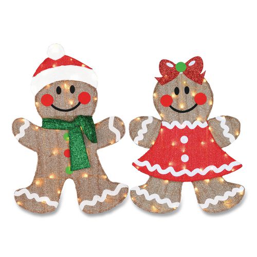 Image of National Tree Company® DF21080006L Pre-Lit Gingerbread Cookie Couple, AC Powered, Warm White LED Lights, 12" x 24" x 35", Assorted Colors