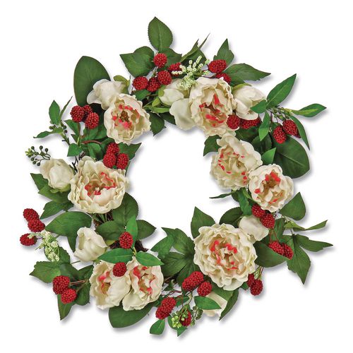 Image of National Tree Company® DS69S21G94351 Peony and Raspberry Wreath, 22" Diameter x 5"h, Beige