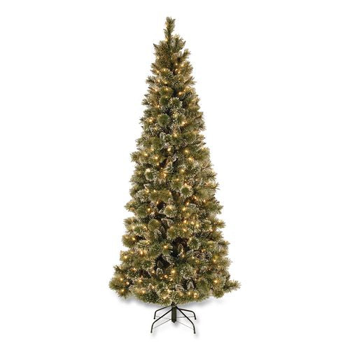 Image of National Tree Company® GB331975 Pre-Lit Glittery Bristle Slim Tree, 42" x 42" x 90", Green Tree, Green Tree Stand