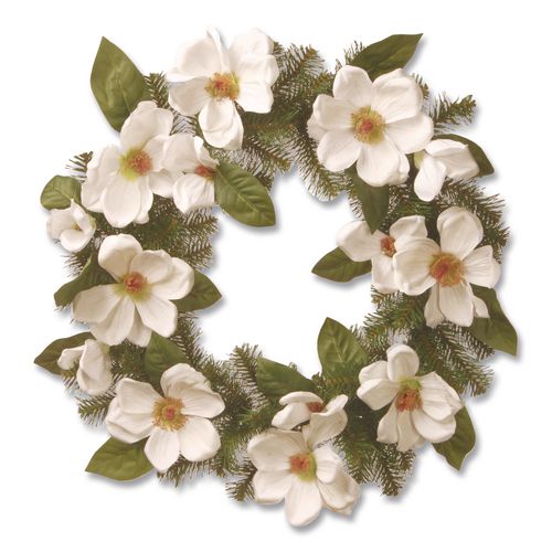 Image of National Tree Company® NRV71324W North Valley Spruce Magnolia Wreath, 24" Diameter x 3.5"h, White