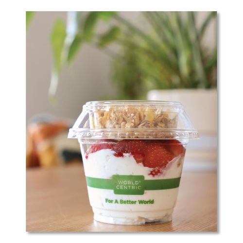 Image of World Centric® CPLCS12SH PLA Clear Cold Cup Lids, Dome Lid, Fits 9 oz to 24 oz Parfait Cups, Plastic, Clear, 1,000/Carton