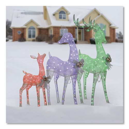 Image of National Tree Company® DF340001LR Mesh Glittered Deer Family, AC Powered, Blue/Green/Red/Yellow LED Lights, 27" x 8.5" x 60", White