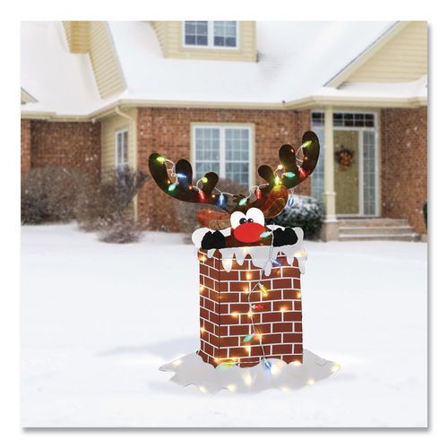 Image of National Tree Company® DF21070015L Pre-Lit Reindeer Stuck in Chimney Decoration, AC Powered, Blue/Green/Red/Yellow LED Lights, 12" x 33" x 47", Red