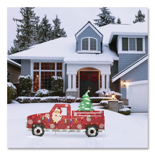 Image of National Tree Company® DF21070018L Pre-Lit Santa in Red Truck, AC Powered, Blue/Green/Red/Yellow LED Lights, 11" x 46" x 27", Red