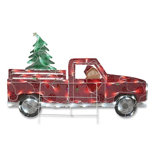 Image of National Tree Company® DF21070018L Pre-Lit Santa in Red Truck, AC Powered, Blue/Green/Red/Yellow LED Lights, 11" x 46" x 27", Red