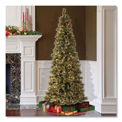 Image of National Tree Company® GB331975 Pre-Lit Glittery Bristle Slim Tree, 42" x 42" x 90", Green Tree, Green Tree Stand